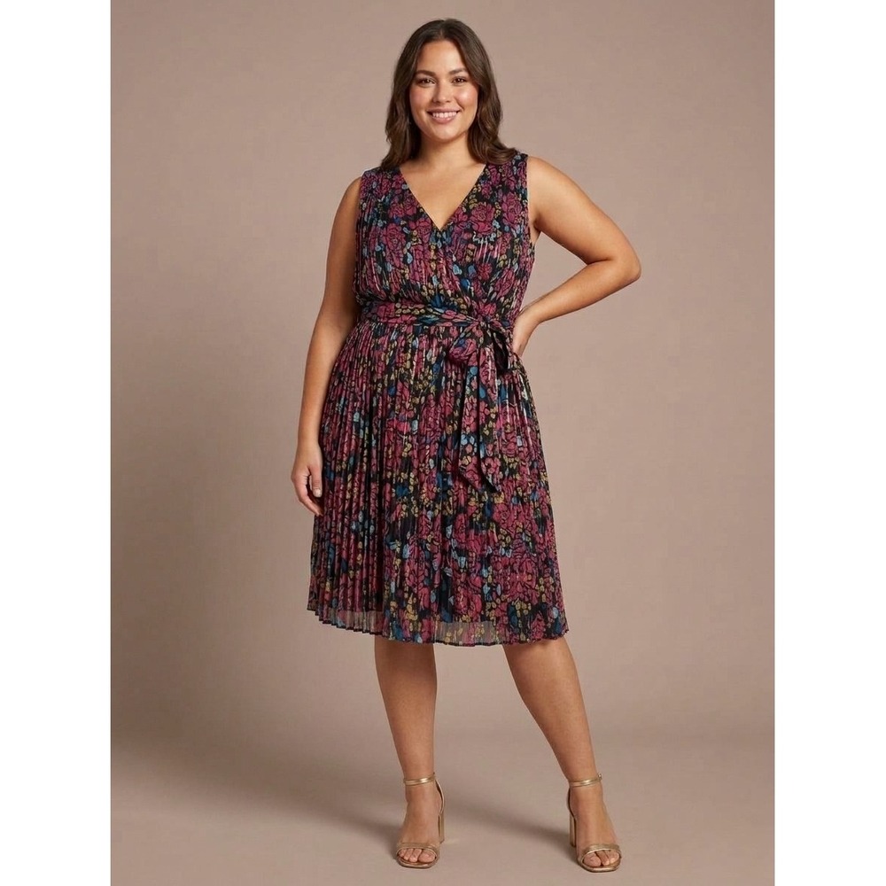 ModCloth Floral Pleated Knee Length Dress Metallic Gold Threading Pink Blue 1X